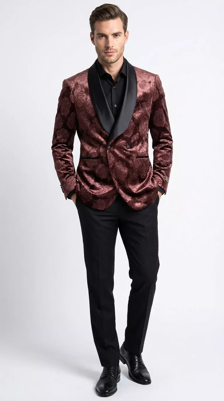 Mens Rust Copper Brick color Floral Jacquard Pasiley Blazer – Pattern Dinner Jacket with Black Shawl Lapel for Formal dinners and Wedding-Light Brown Color