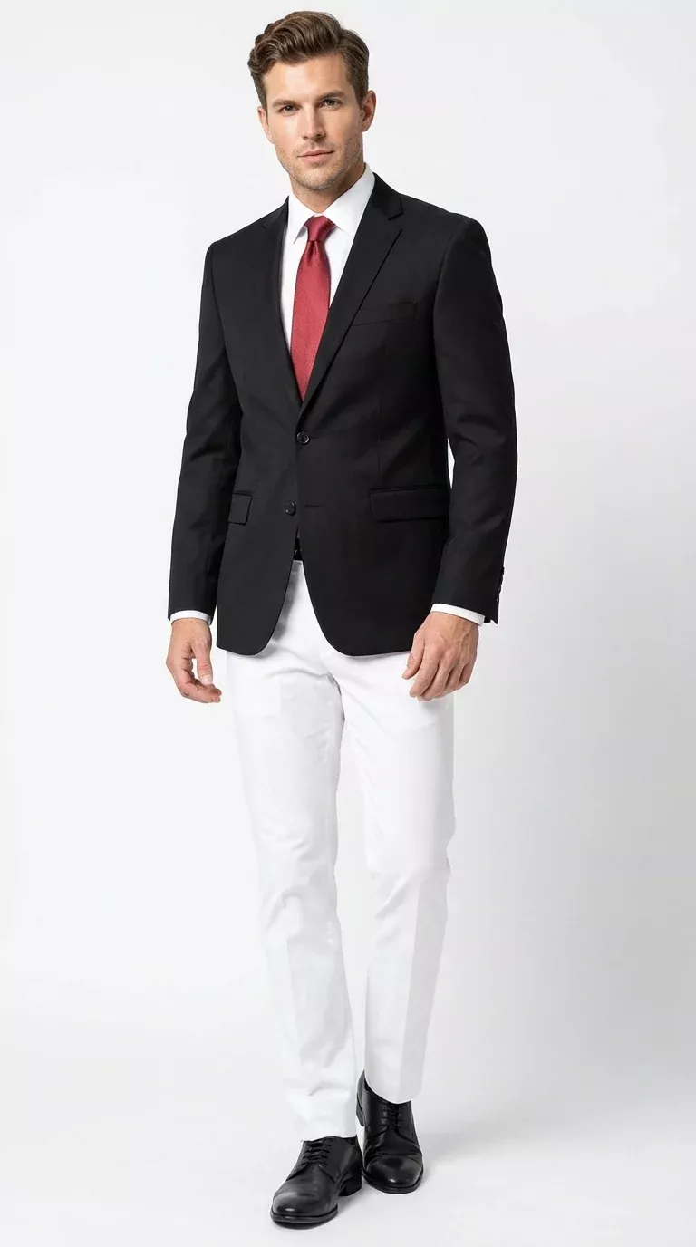 Mens Solid Black Two Button Suit Jacket Blazer With White Pants | Black Blazer Sport Coat