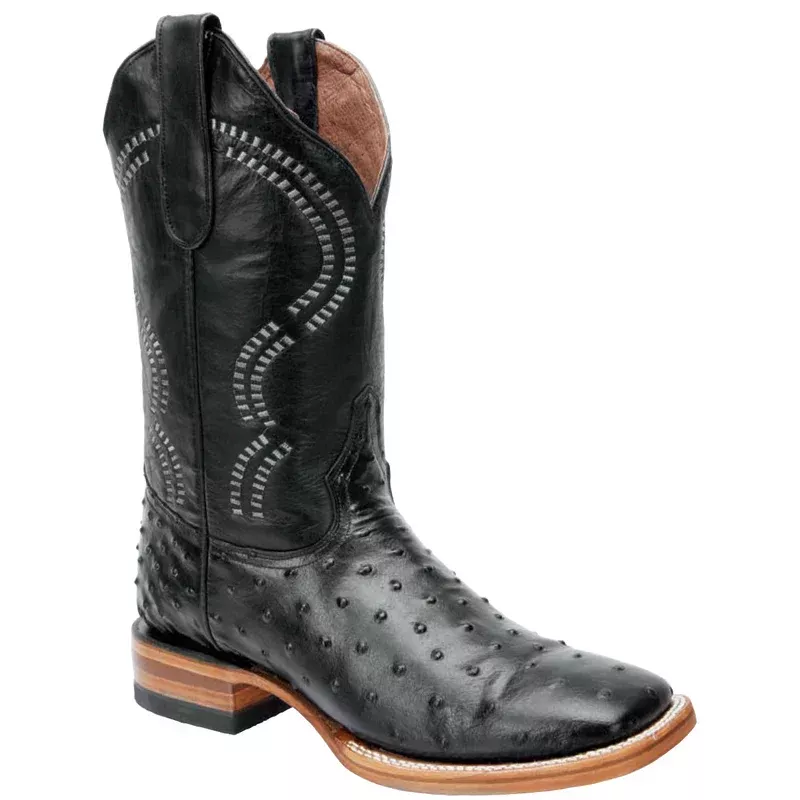 Mens White Diamond Boot Black Ostrich Print Boots Square Toe