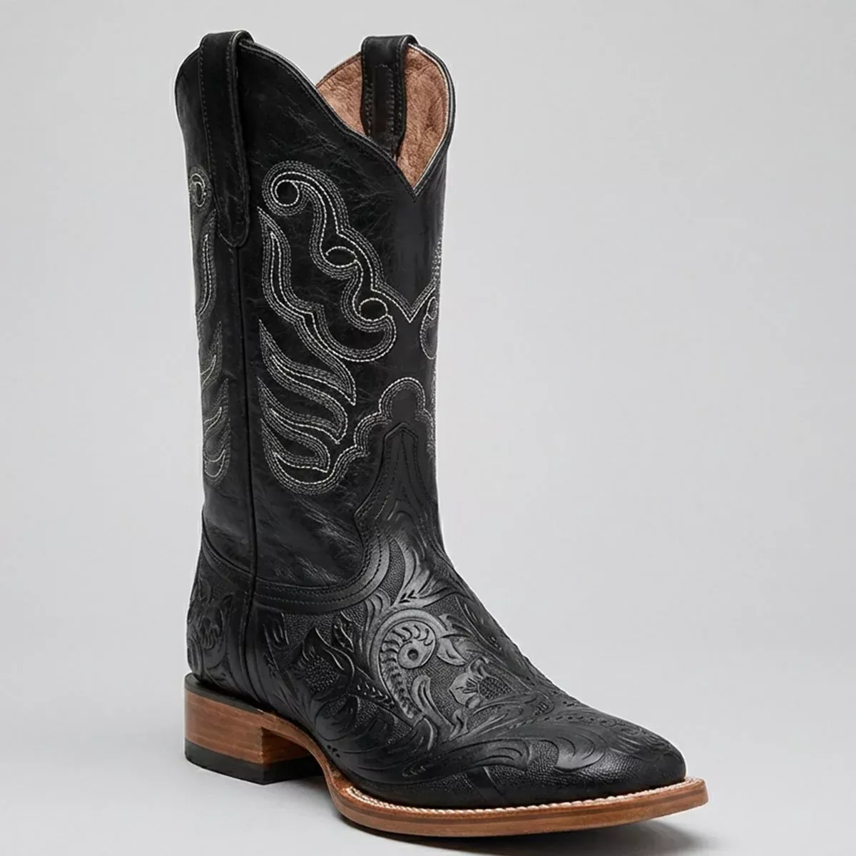 Mens White Diamonds Boots Black Hand-Tooled Western Boots Square Toe