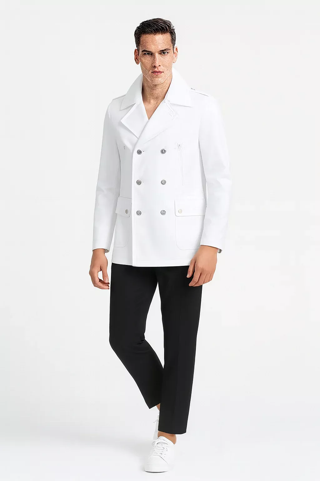 Mens White Double-Breasted Peacoat Jacket – Classic Stylish Outerwear Wool Fabric Slim Fitted