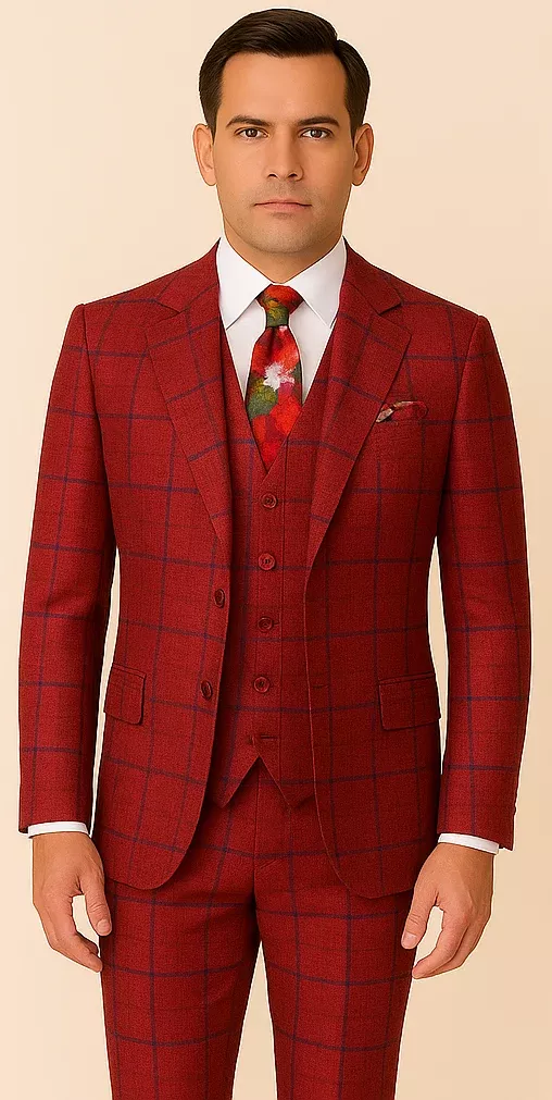 Rossiman Suit â“ Red Plaid Windowpane Double-Breasted Suit for Men
