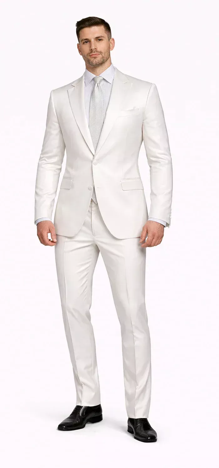 Rossiman White Sateen Suit for Men – High-Shine Formal Elegance