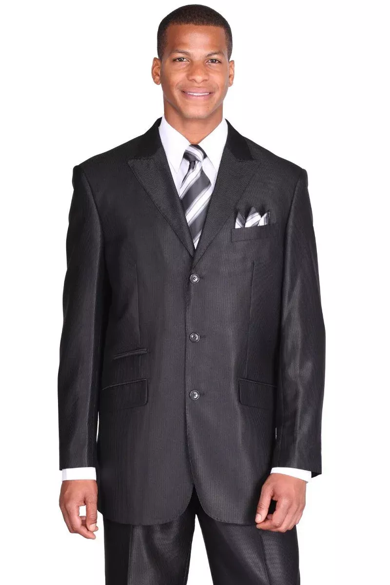 Sharkskin Black Men's Suit - 3 Button Peak Lapel Micro Pinstripe