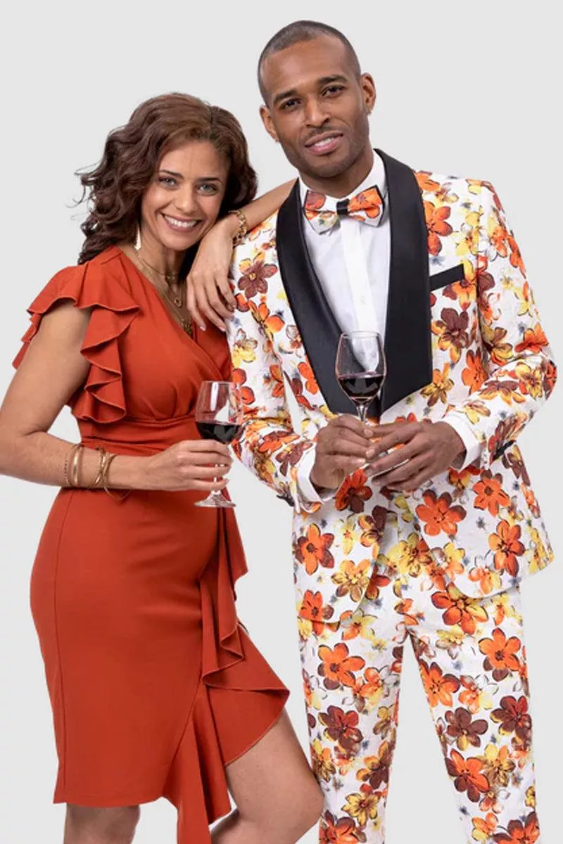 Sleek Orange Floral Square Shawl Tuxedo by EJ Samuel