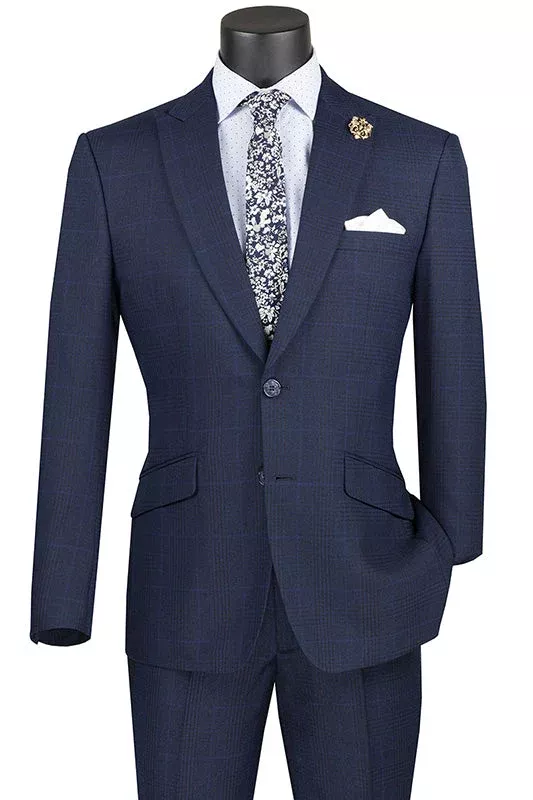 Slim Fit 2 Piece Suit Navy Glen Plaid Pattern Matching Pants