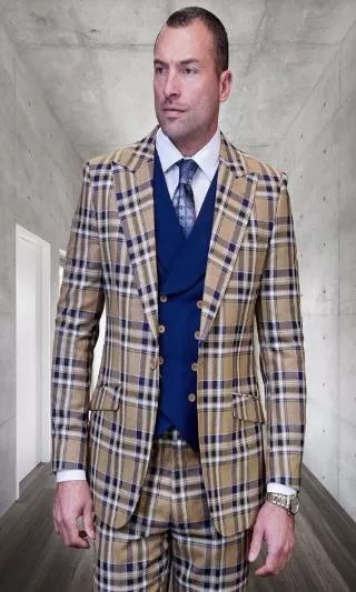 Statement Confidence Designer Suit - Camel Khaki Color Windowpane - Super 150's Wool Suit One Button Peak Lapel Double Breasted Vest Tan and Blue Mixture Color Perfect Fro Church