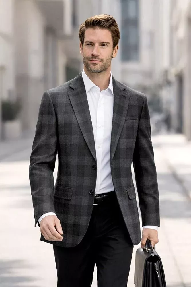 Statement Men's 100% Wool Modern Fit Sport Coat - Large Checker