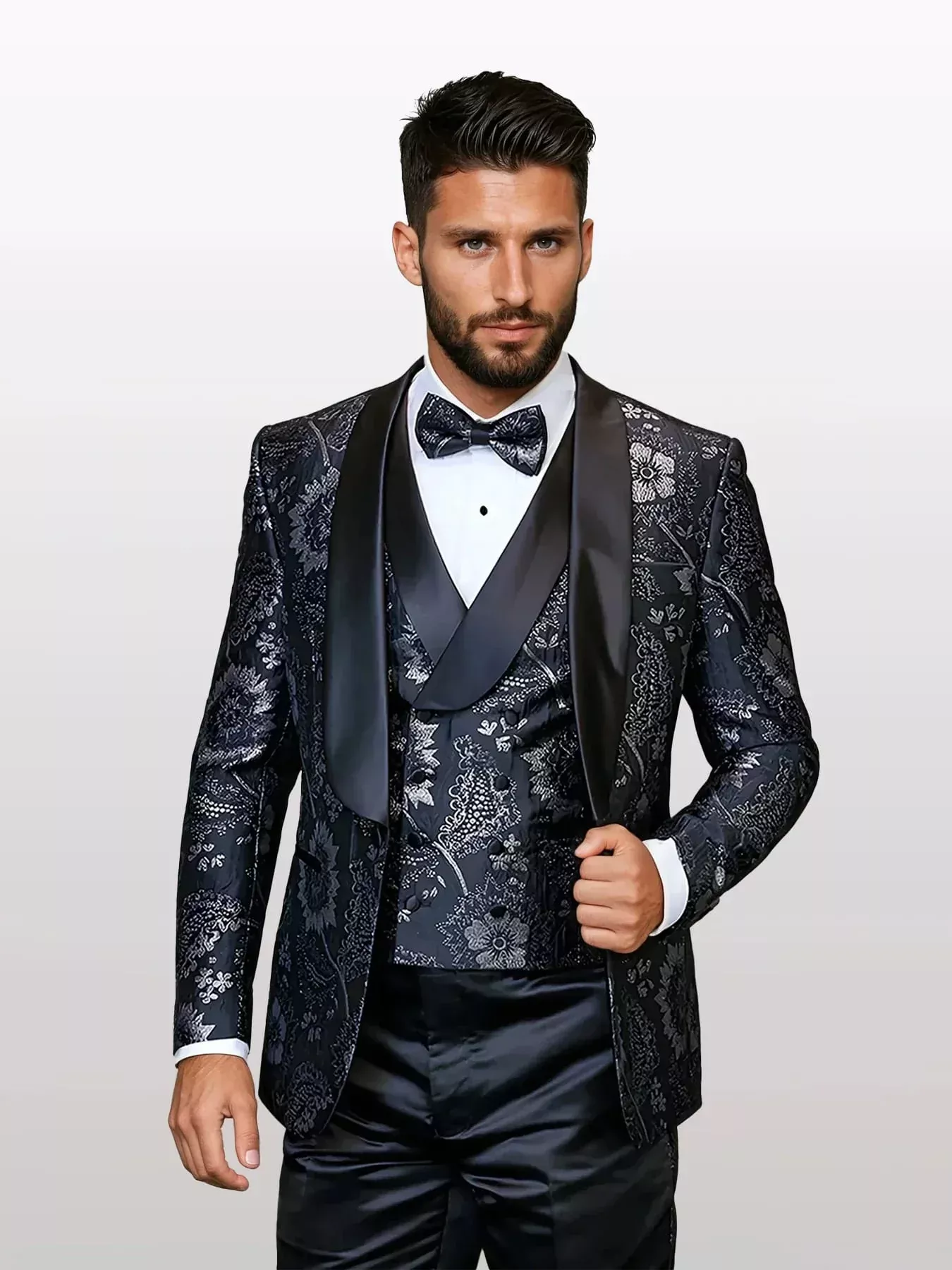 Statement Men's Black Floral Patterned Vested Tuxedos with Bowtie