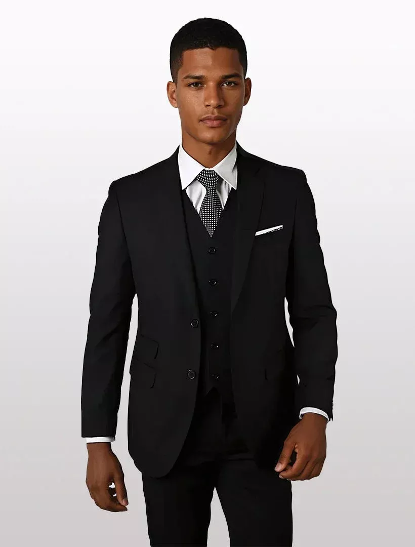 Statement Men's Solid Black Tailored Fit 100% Wool Vested Suits