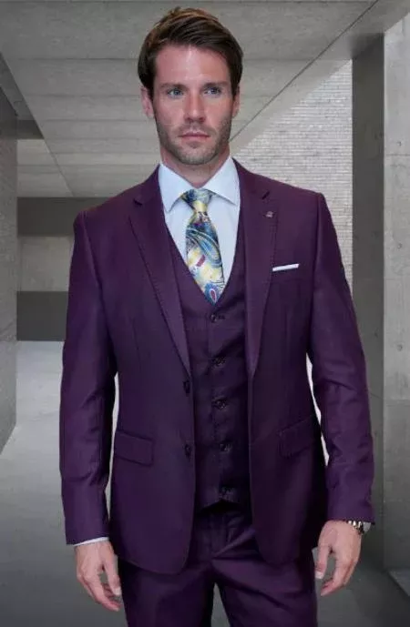 Statement Mens 3 Piece Suit - Tone on Tone Plaid Plum