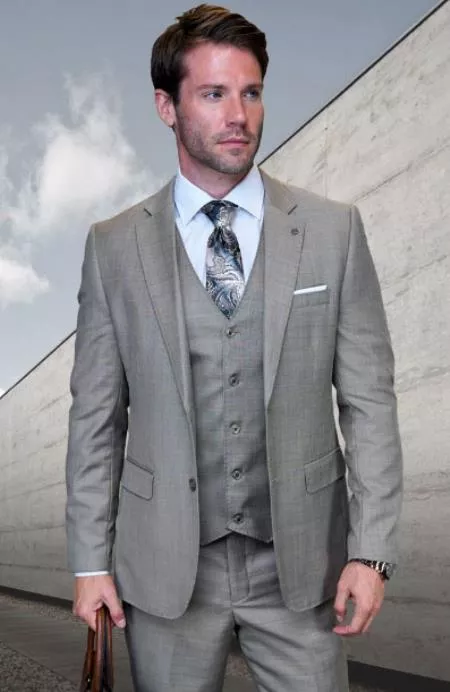 Statement Mens 3 Piece Suit - Tone on Tone Plaid Tan