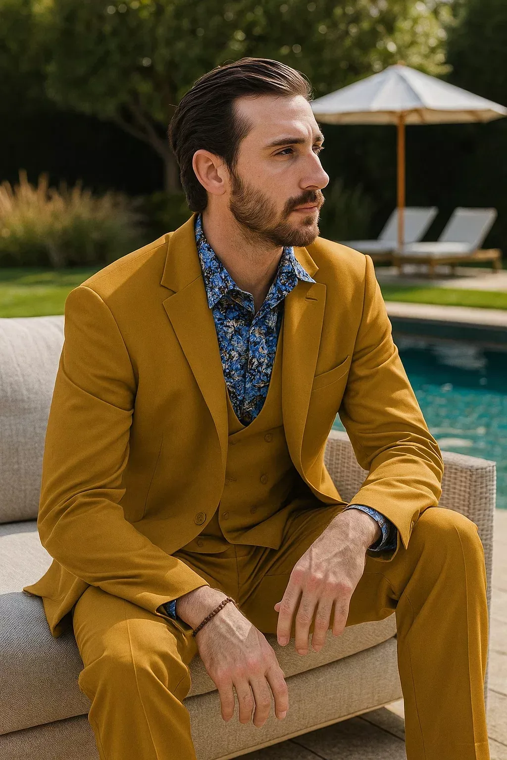 Stylish Gold 3-Piece Suit for Men â“ Peak Lapel, Vested, Two Button Jacket