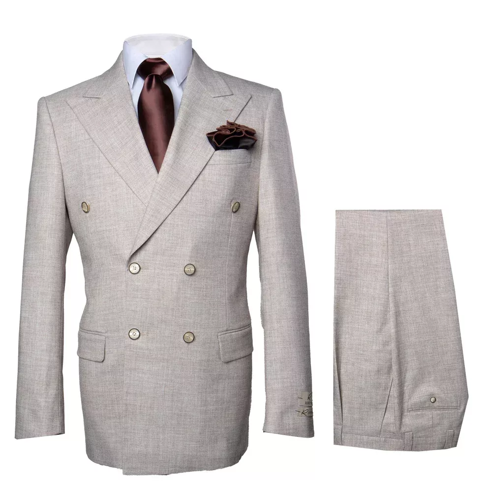 Suit With Pleated Pants Peak Lapel Wool Fabric Suit in Color Solid Beige and Light Brown By Rossiman Athletic Classic Fit