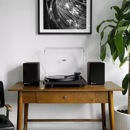 Victrola Premiere T1 Bluetooth Wireless Record Player with Bookshelf Monitors (Black/Wood Grain)