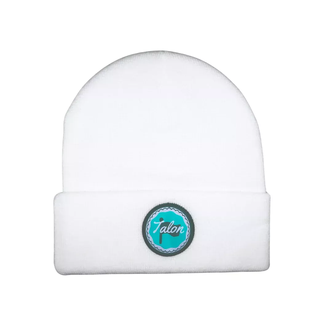 White Knit Beanie w/ Green & Teal Circle Logo