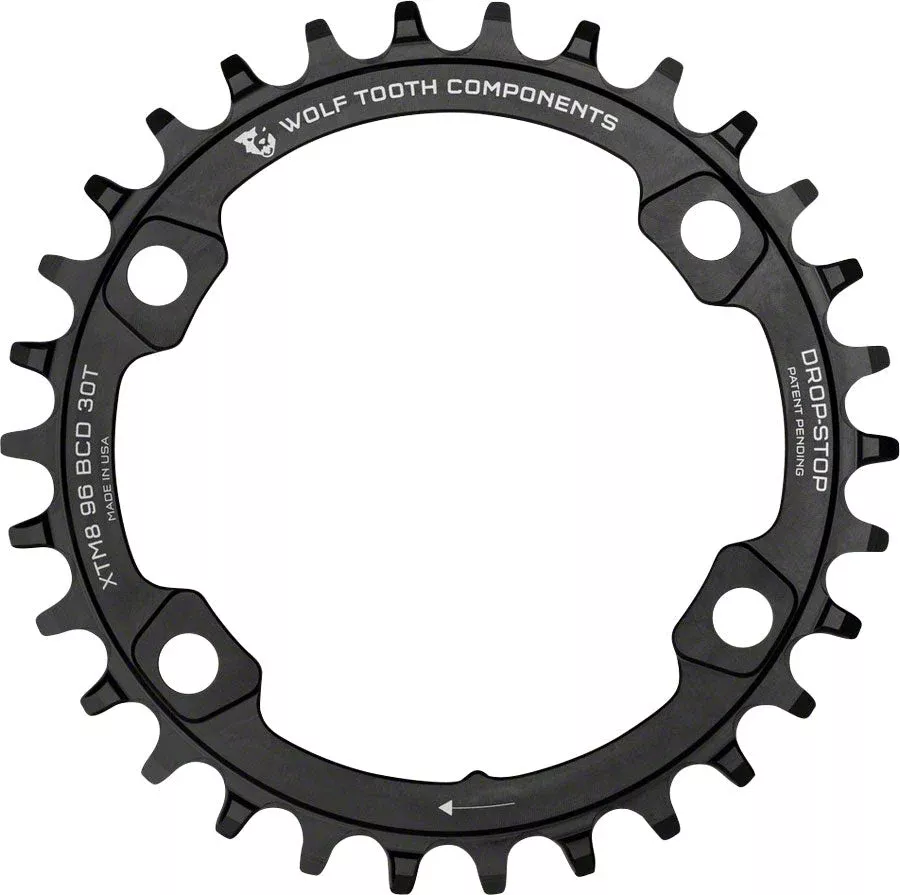 Wolf Tooth 96 BCD Chainring - 30t 96 Asymmetric BCD 4-Bolt Drop-Stop A For Shimano XT M8000 SLX M7000 Cranks BLK