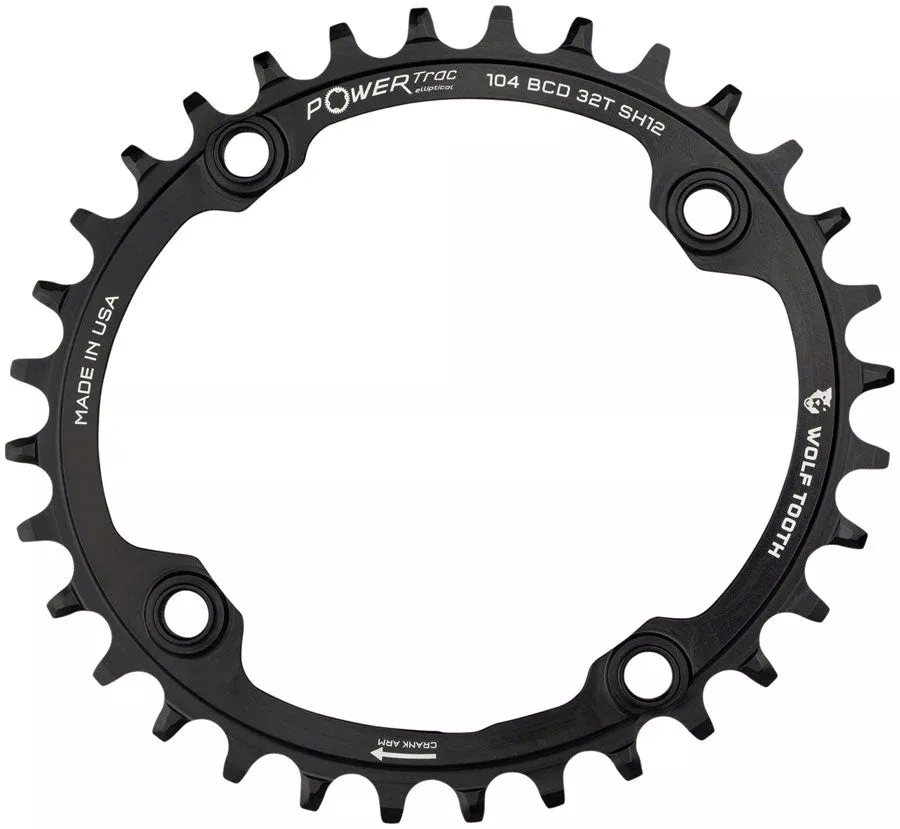 Wolf Tooth Elliptical 104 BCD Chainring - 34t 104 BCD 4-Bolt Drop-Stop ST Requires Shimano 12-Speed HG+ Chain BLK